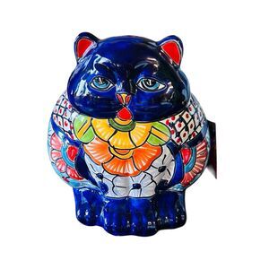 Mexican Talavera Fat Cat Indigo Blue Garden Planter Folk Art Pottery Plant Pot
